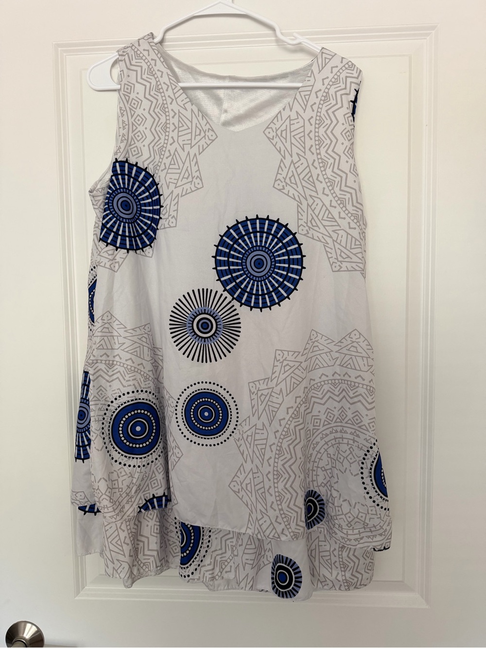 Sleeveless White Dress with Blue Geometric Print